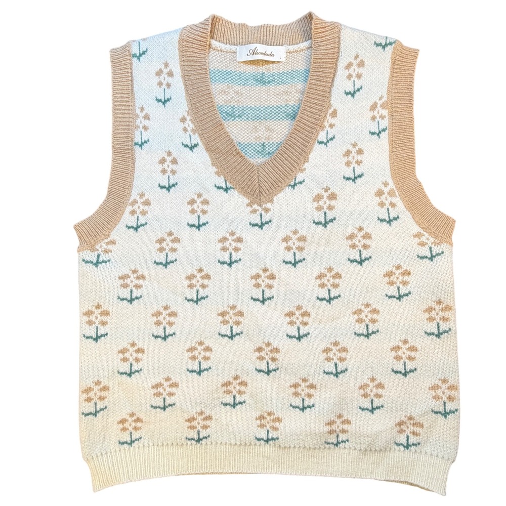 Womens AliceDudu Cream Beige Floral V Neck Knit Sweater Vest Size‎ L - NWOT